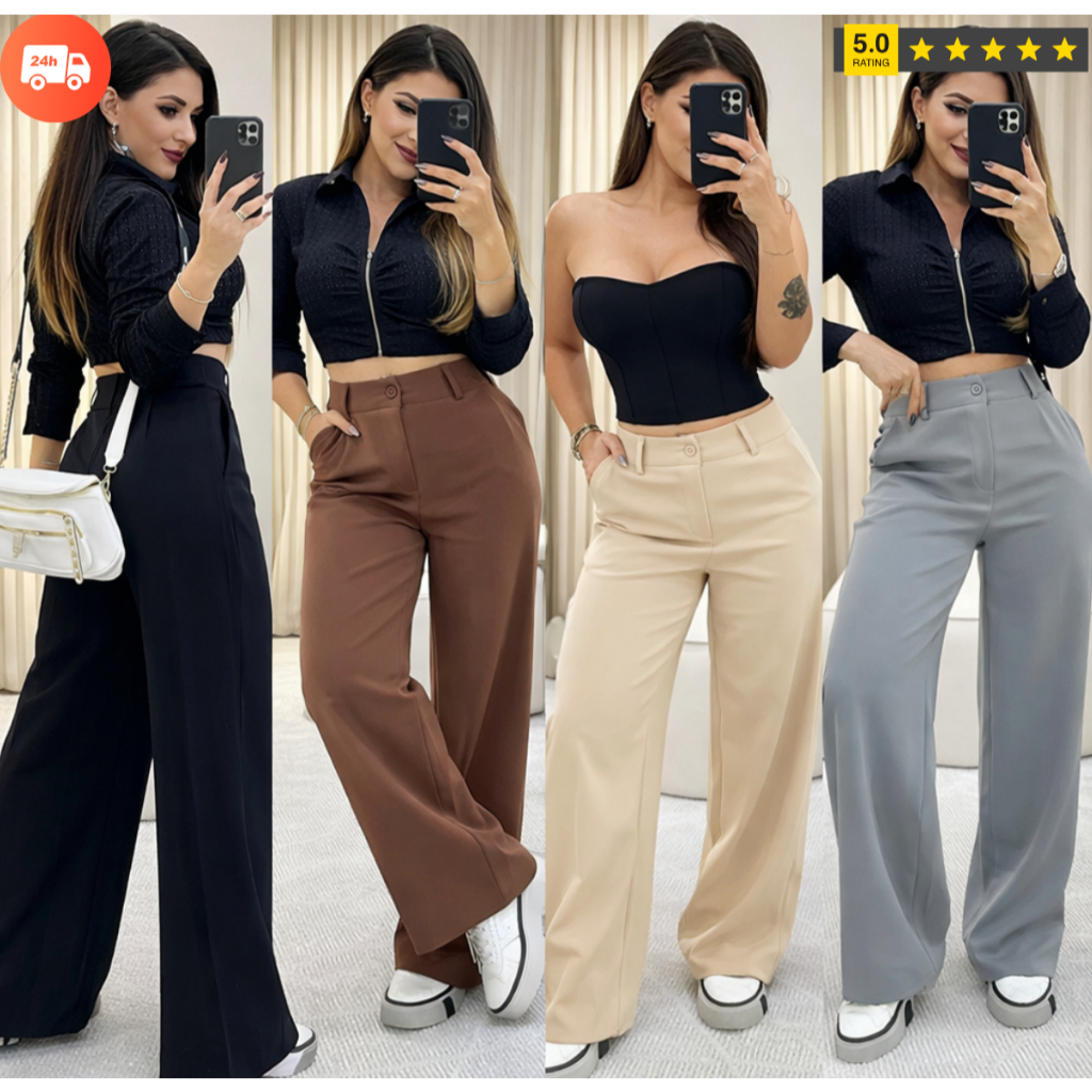 Calça Pantalona Alfaiataria Cintura Alta Wide Leg Cinto Bolso Old Money Quiet
