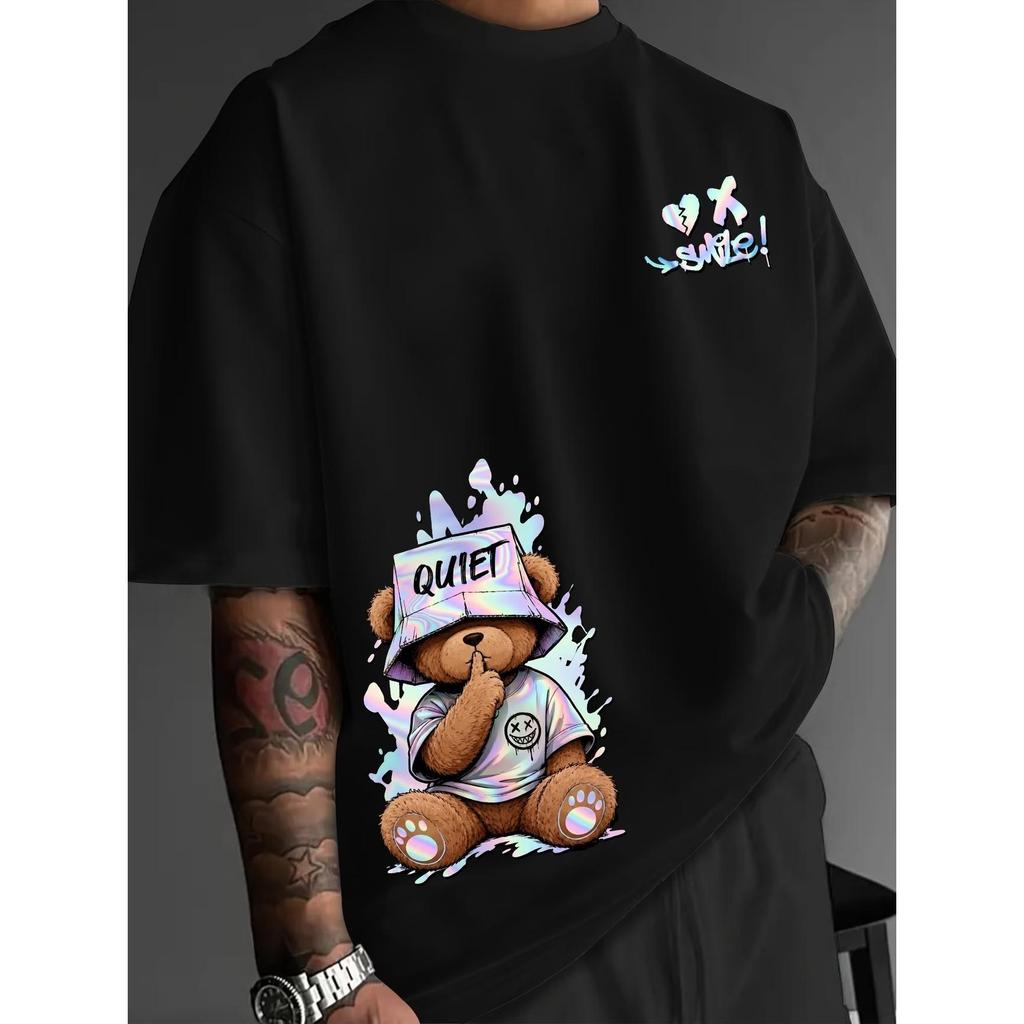 Camiseta Masculina Streetwear Algodão Penteado Infantil Adulto Plus Size Estampa Urso Chapeu Lado Color Quiet Silencio