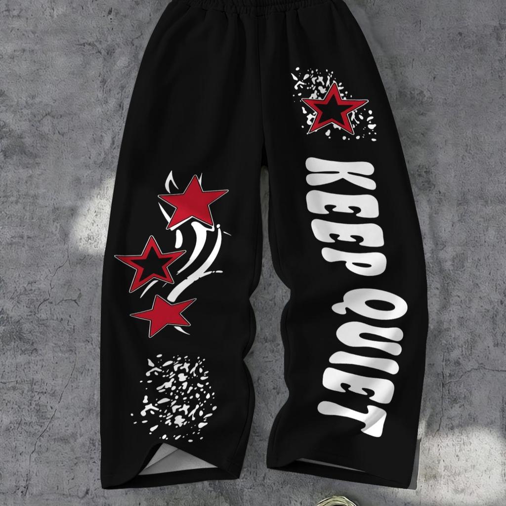 Pantalona Wide Leg Casuais para Meninos. Calça de Moletom Preta com Estampa Gráfica de Estrelas Vermelhas e 
