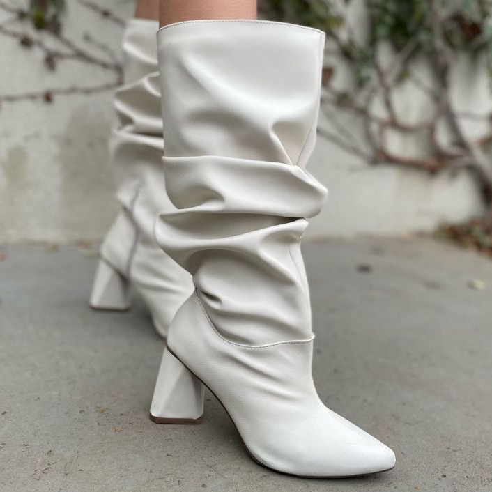 Bota Feminina Slouchy Cano Médio Salto Triangular Cristal Lançamento Luxo Tendência 2026