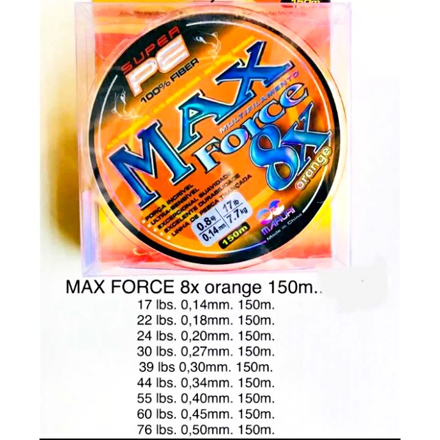 LINHA MULTIFILAMENTO MAX FORCE 8X (0,18 22LB 10KG) 150M LARANJA ORIGINAL MARURI