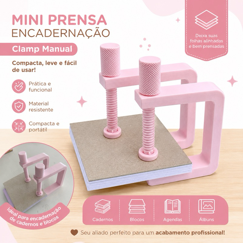 Mini Prensas Para Encadernação Manual Clamp Ajustável Rosa Ideal Para Cadernos, Blocos e Agendas