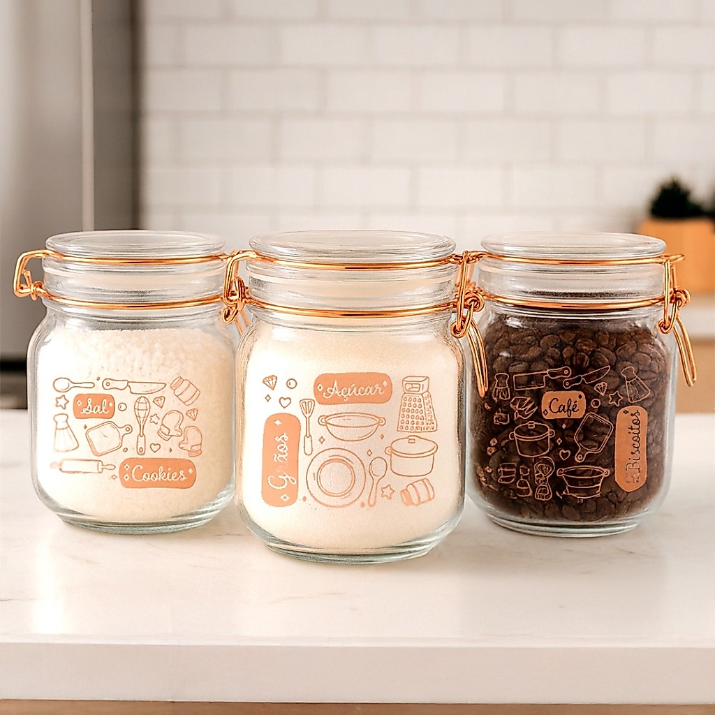 Kit 3 Potes Vidro Tampa Clamp Hermética Decoração Cozinha Sal Açúcar Café Cookies
