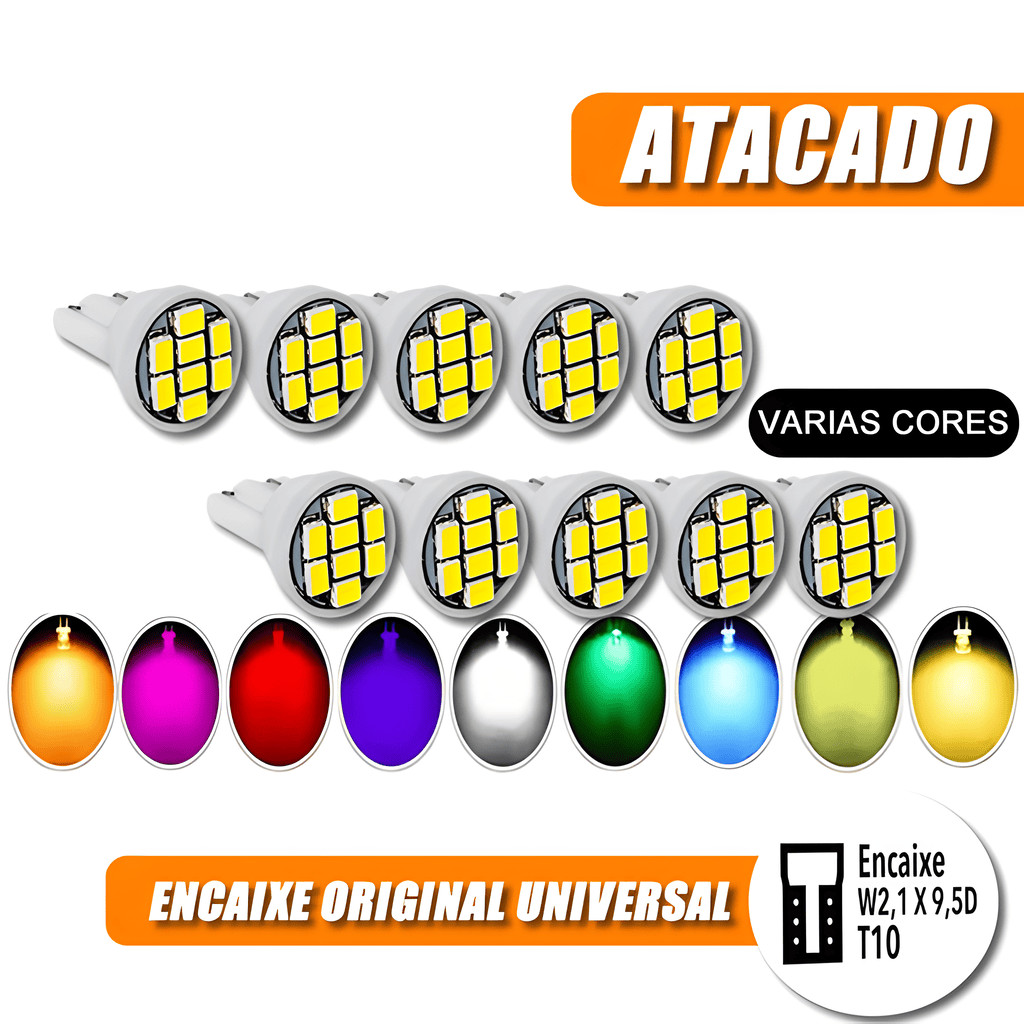 Kit 10 20 50 Lâmpadas Pingo 8 Leds T10 Tipo Xenon Super Branca W5W 12V Atacado