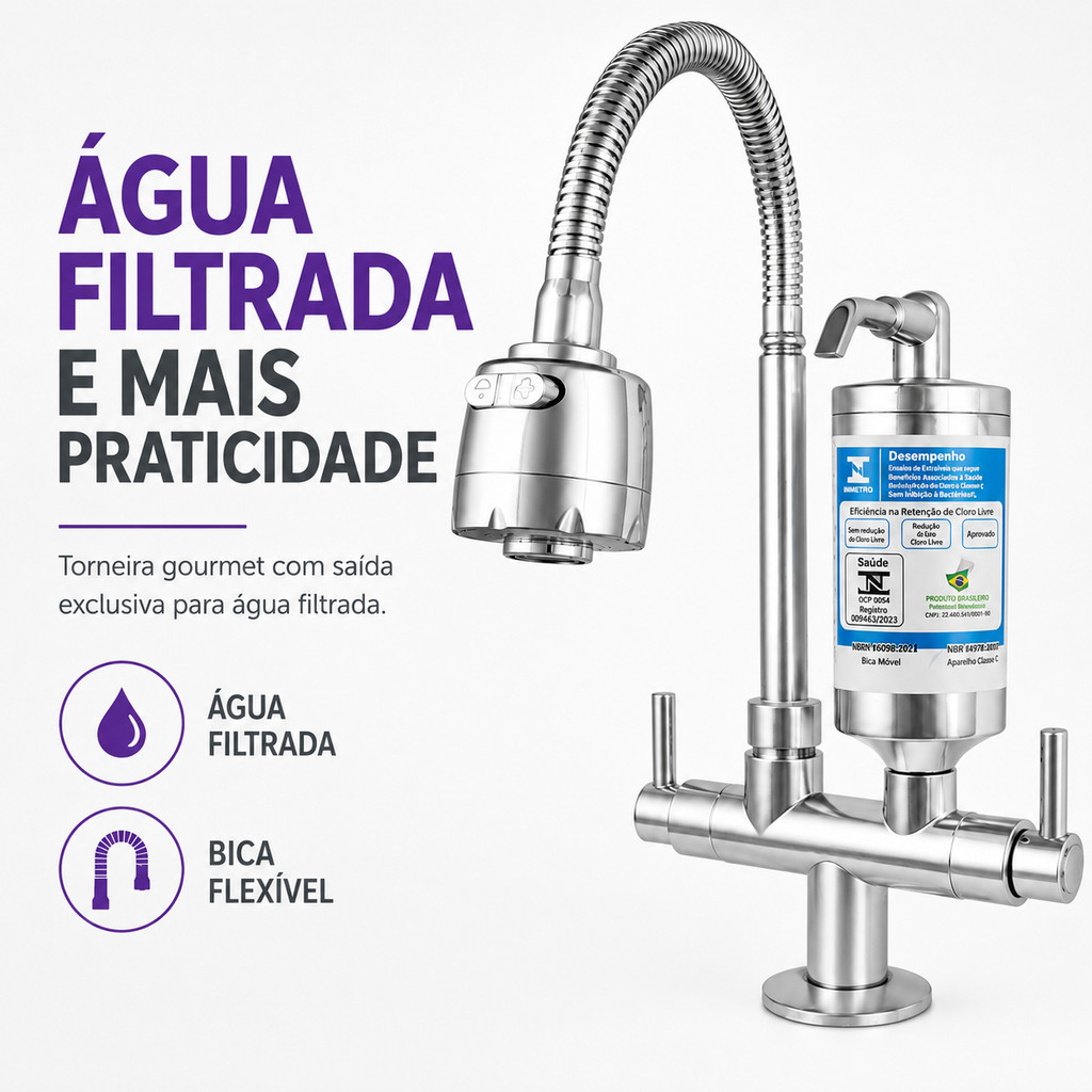 Torneira Cozinha com Filtro de Mesa Bancada Bica Flexível Gourmet ABS Cromado