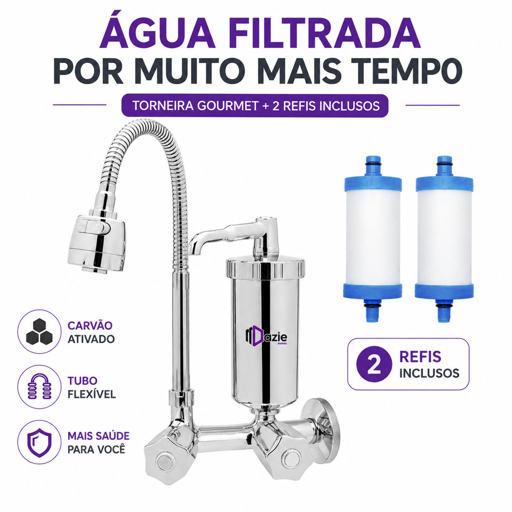 Torneira Gourmet com Filtro de Parede ABS Cromada Tubo Flexível + 2 Refis Carvão Ativado Dazie Metais