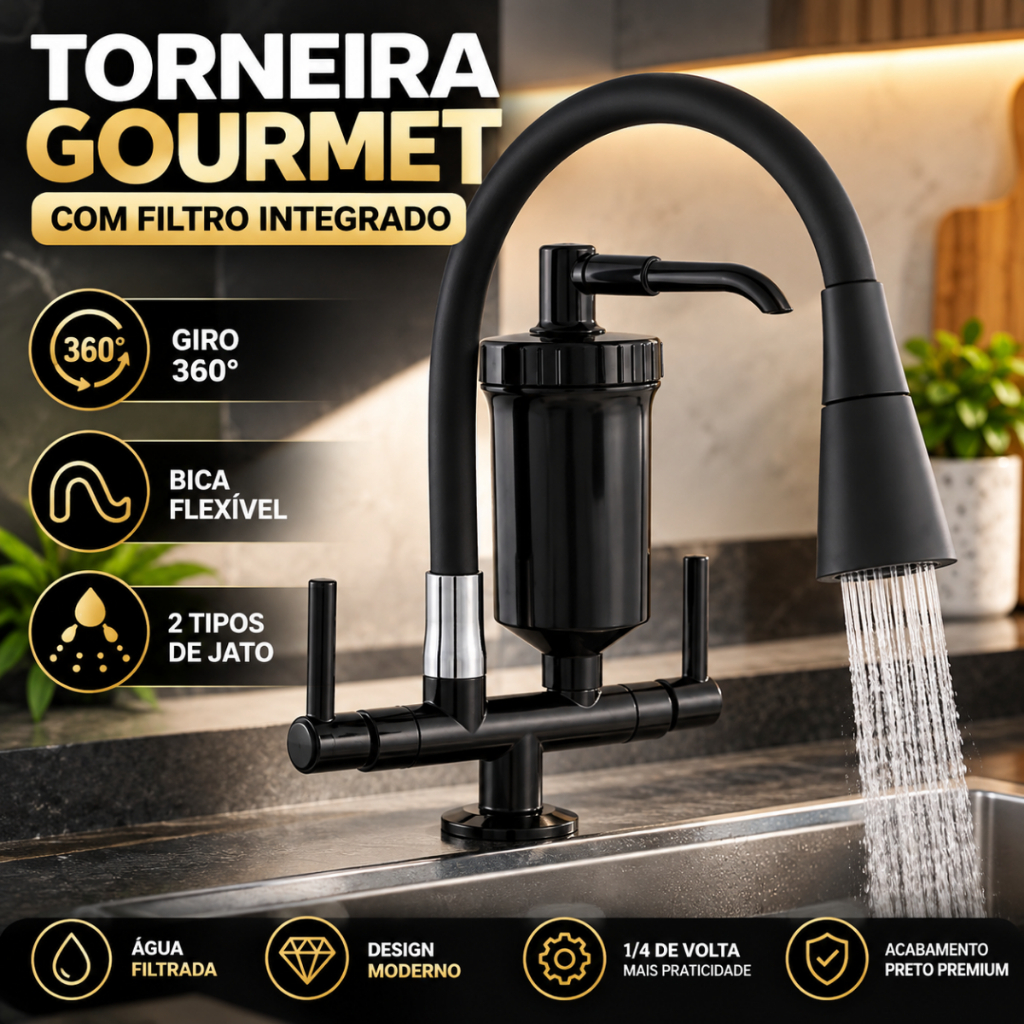 Torneira Gourmet Cozinha com Filtro Integrado Preta Flexível 360° Jato Duplo Bancada Bica Móvel 1/4 Volta