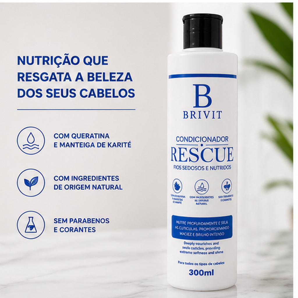 Condicionador Rescue Brivit 300ml com Queratina e Manteiga de Karité – Nutrição, Maciez e Brilho