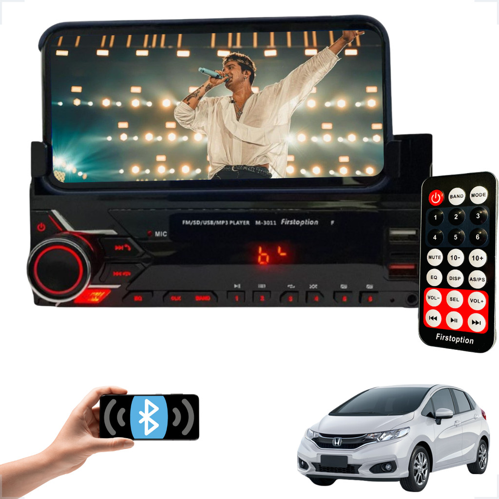 Rádio MP3 1 Din Bluetooth Com Suporte de Celular Honda Fit 2001 2002 2003 2004 2005 2006 até 2021