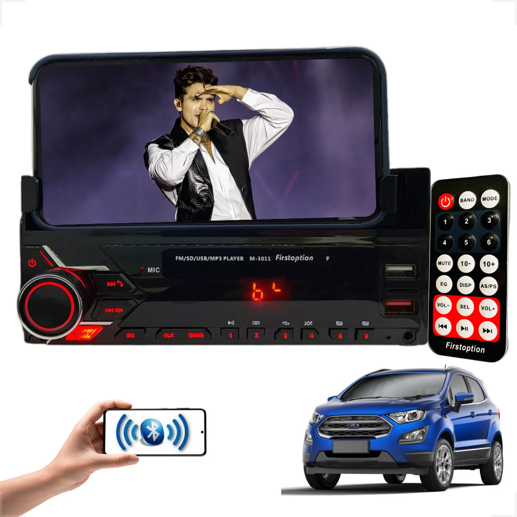 Rádio MP3 Bluetooth 1 Din Stand Celular Ecosport 2010 2011 2012 2013 2014 2015 2016 2017 até 2021