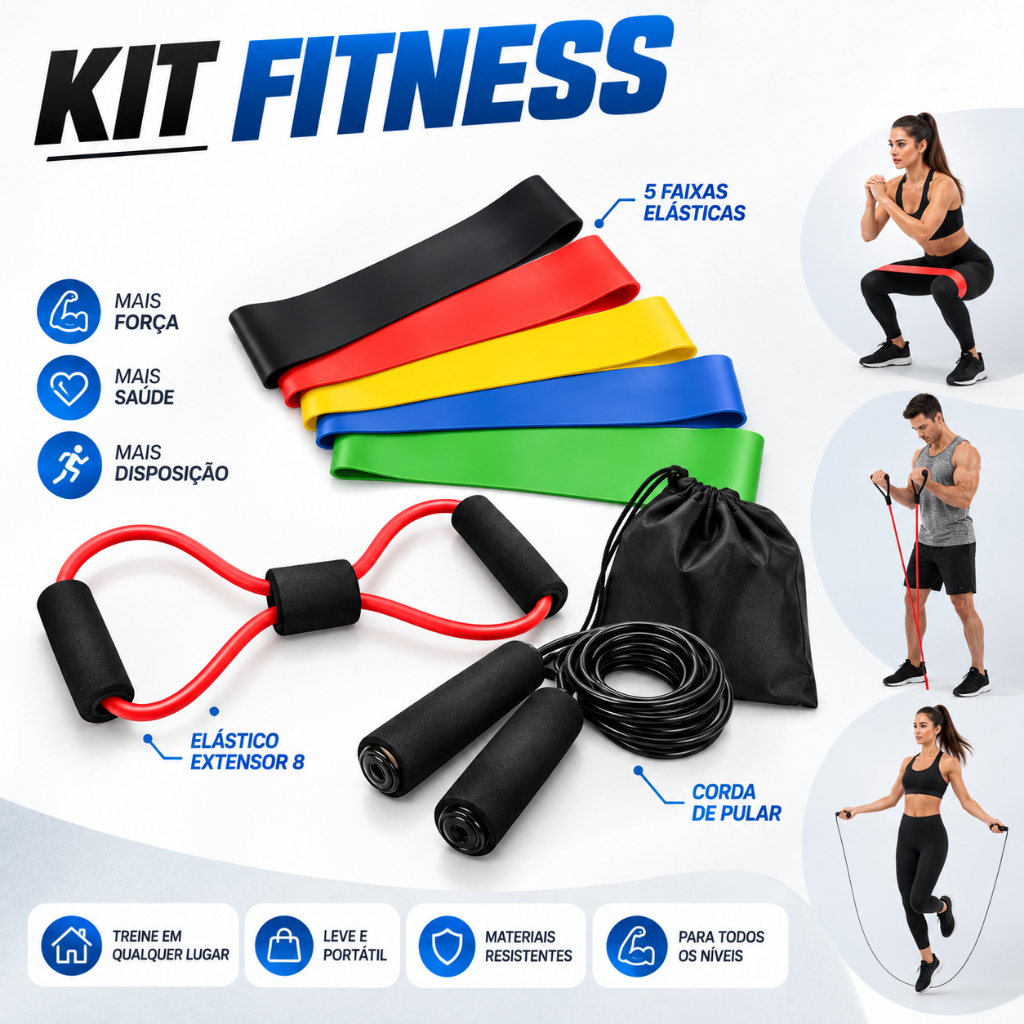 Kit 5 Elastic Mini Band Training + PVC Skipping Rope Bearing + Elastic Extender Physiotherapy Functional Exercise at Hom
