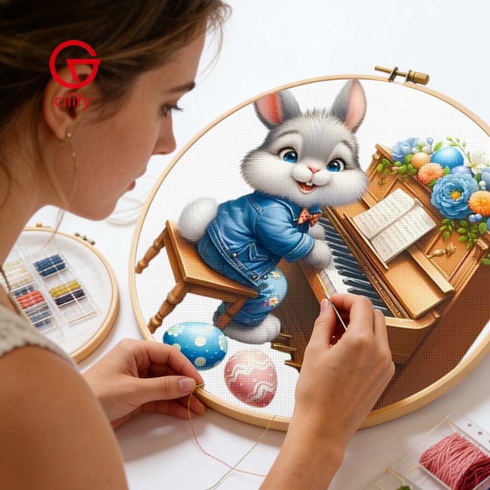 Piano Rabbit Full 11CT DIY Carimbado Kits De Ponto Impresso 15.75x19.69 Polegadas Para Adultos Decoração De Casa