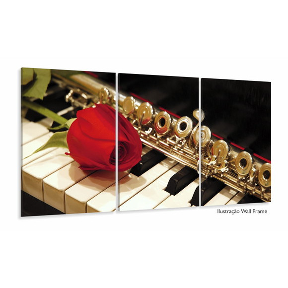 Quadros Decorativo Mosaico 90X50 3 peças Mdf Alta Resolução Full HD  Piano Flauta E Rosa Instrumentos