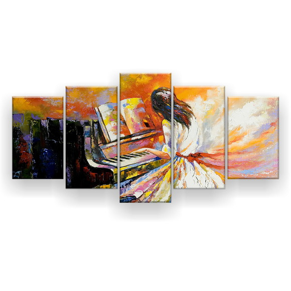 Quadros Decorativo Mosaico 5 peças Sala Quarto Mdf Alta Resolução Full HD Mulher Tocando Piano 2