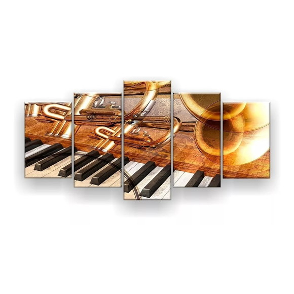Quadros Decorativo Mosaico 5 peças Sala Quarto Mdf Alta Resolução Full HD Trompete Piano