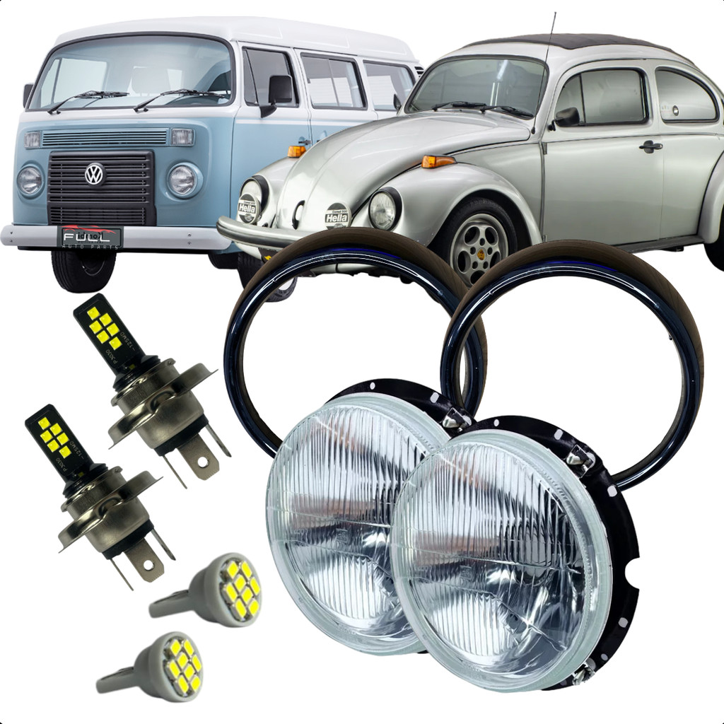 Par Farol + Aro Black Piano + Lampadas Full Led Fusca Kombi