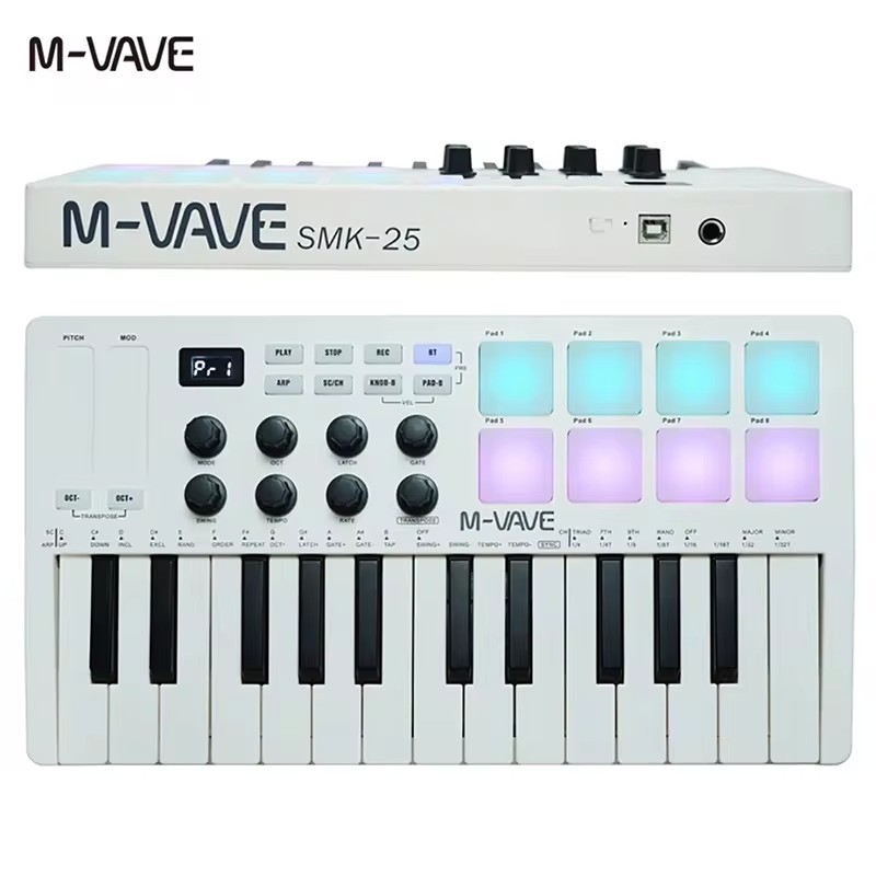 M-WAVE 25 teclas USB MIDI teclado controlador com 8 almofadas de bateria retroiluminadas, 8 botões e 2 listras de toque
