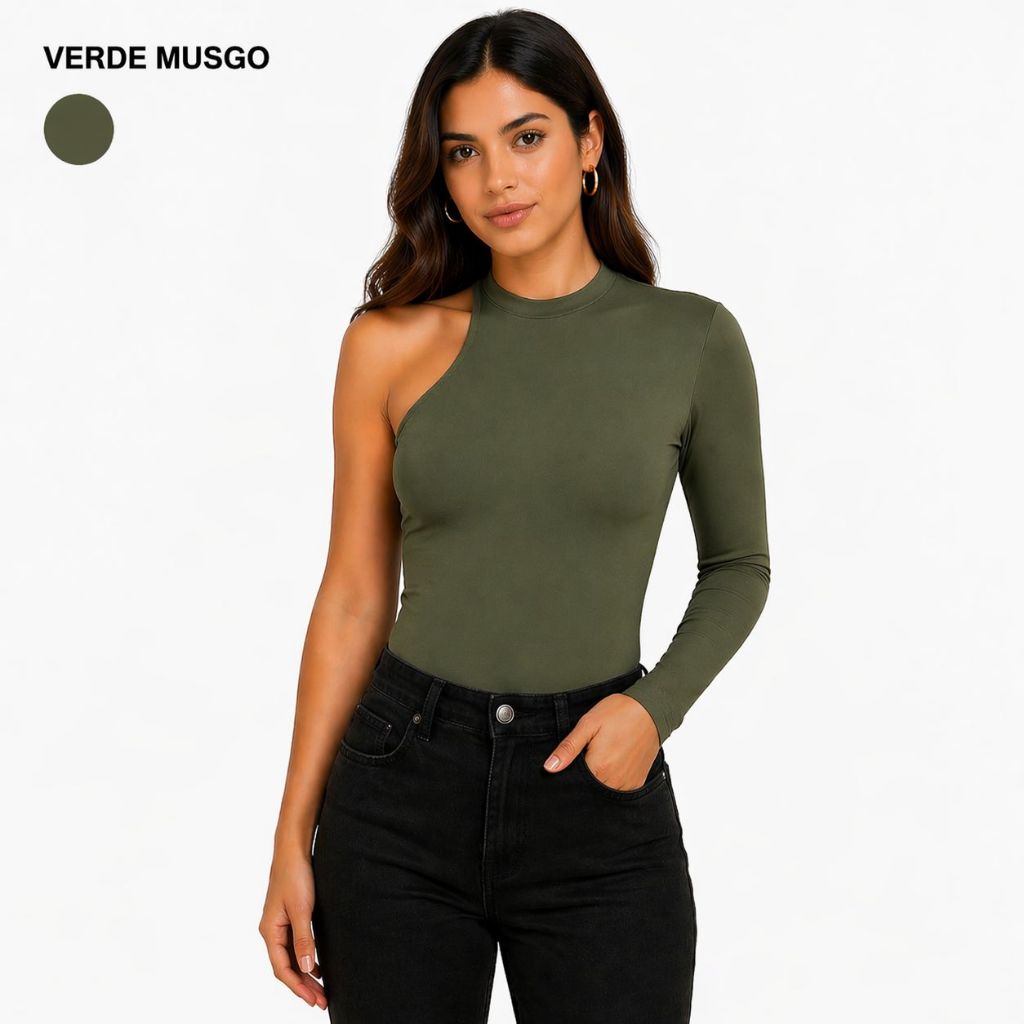 Blusa Feminina Ribana Ombro Único Manga Longa Justa M G Preto Verde Rosé Vermelho Chocolate Mary Castro Moda