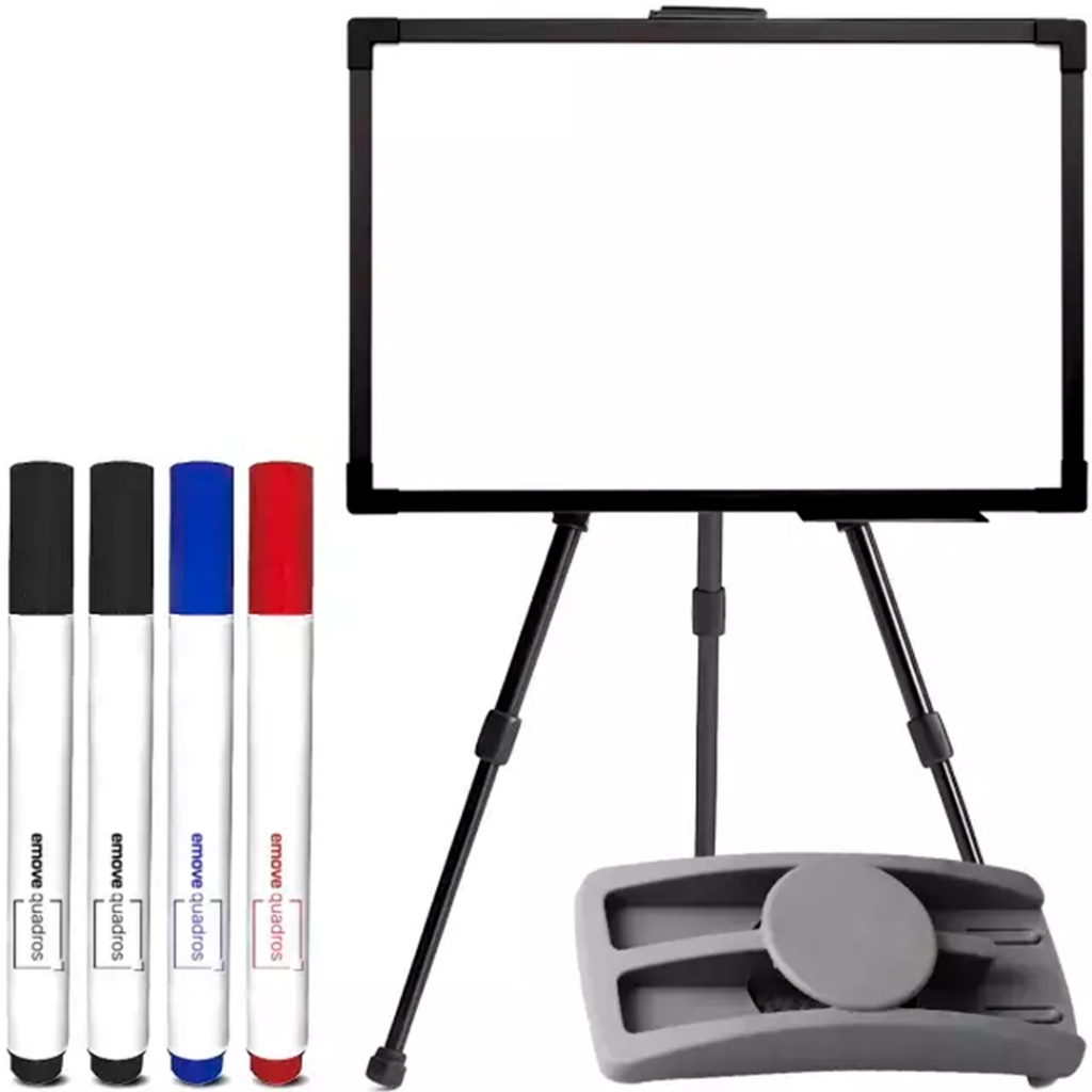 Kit Quadro Branco 120x80cm Lousa Branca + Tripé Cavalete Stalo Regulável + 4 Canetas Com Apagador
