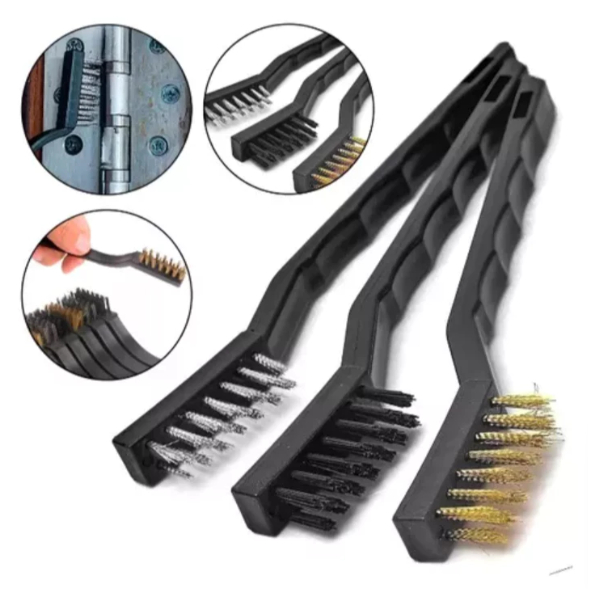 Conjunto 3 Escovas De Arame Para Limpeza Cerdas Aço Latão E Nylon