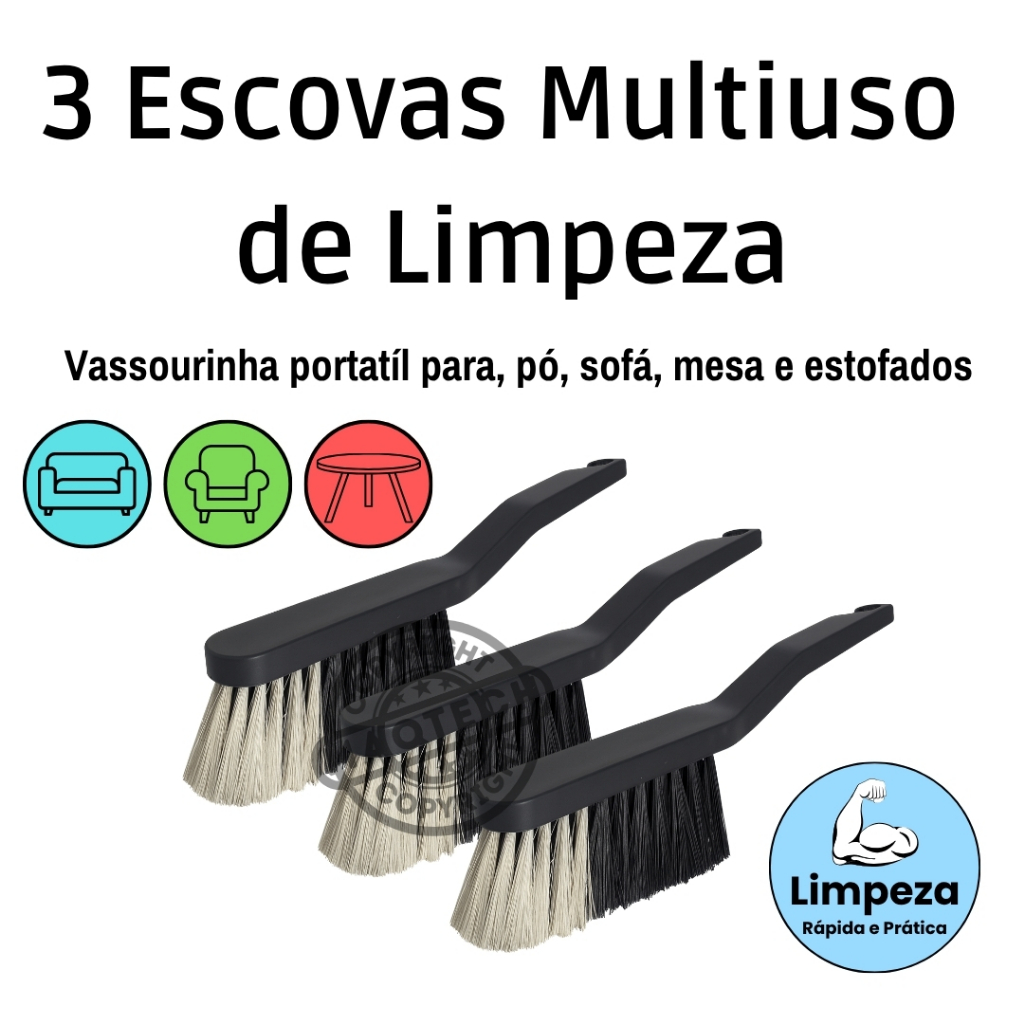 3 Escovas Multiuso Limpeza Vassourinha de Mão Espanador de Pó Escova Sofá Mesa e Balcão Espanadeira