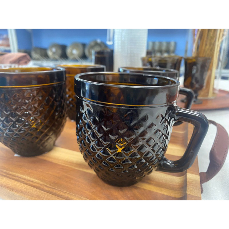 Jogo de Caneca Xícara de Vidro grande para Café com Leite Barroco Âmbar 375ml Wheaton sem pires
