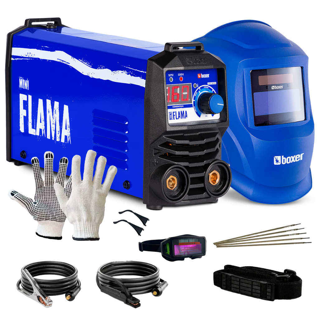 Combo Maquina De Solda Mini Flama 160A MMA TIG Lift Bivolt + Optiarc70 Boxer + Óculos de Solda