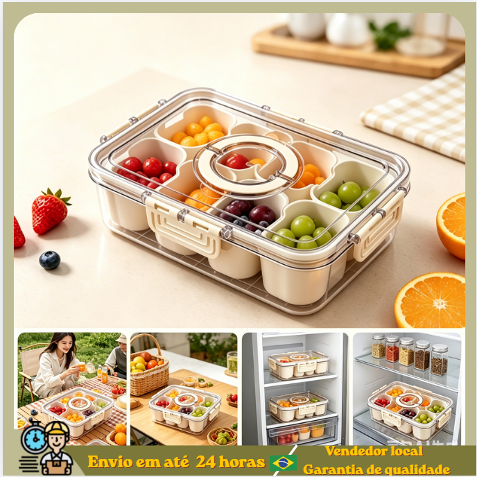 Bandeja Organizadora de Lanches Pote Guloseimas Alimentos Frutas Temperos Geladeira Cozinha 8 Compartimentos Caixa Organ