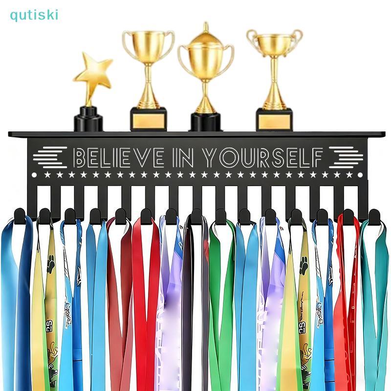 QUTI Exibição De Medalha Montada Na Parede Ra Metal Trophy Prateleira Cabide Display Com 15 Ganchos Porta-Medalhas Organ