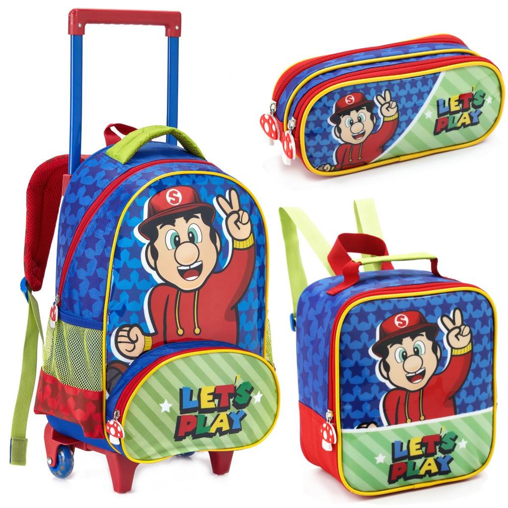 Kit Mochila Rodinha Lancheira Estojo Mario Bros Lets Play