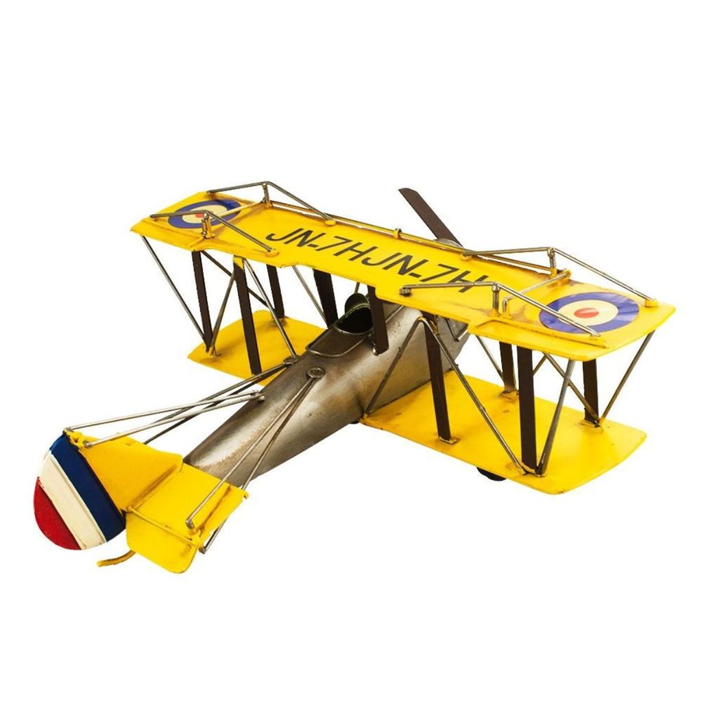 Avião Biplano Amarelo 19x40x46cm Estilo Retrô - Vintage