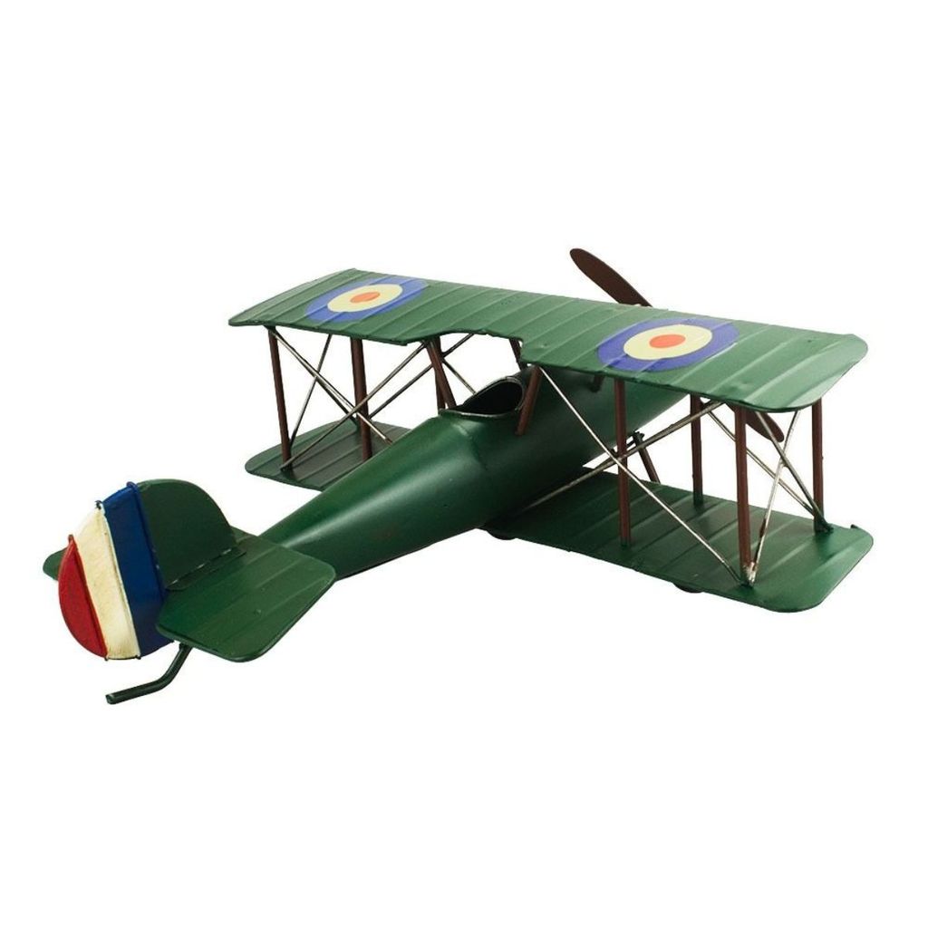 Avião Biplano Verde 11x30x30cm Estilo Retrô - Vintage