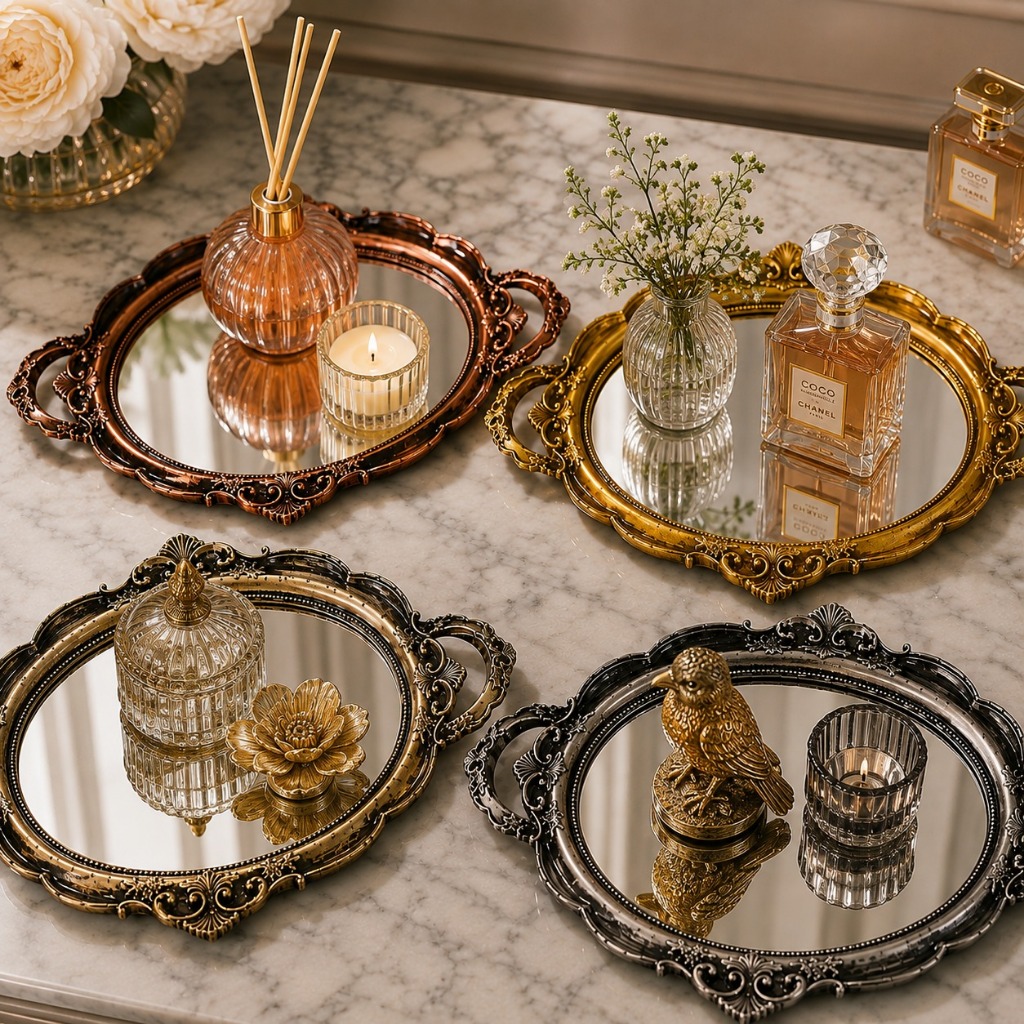 Bandeja Espelhada Provençal Vintage Oval Decorativa Retrô para Festa Casa Presente