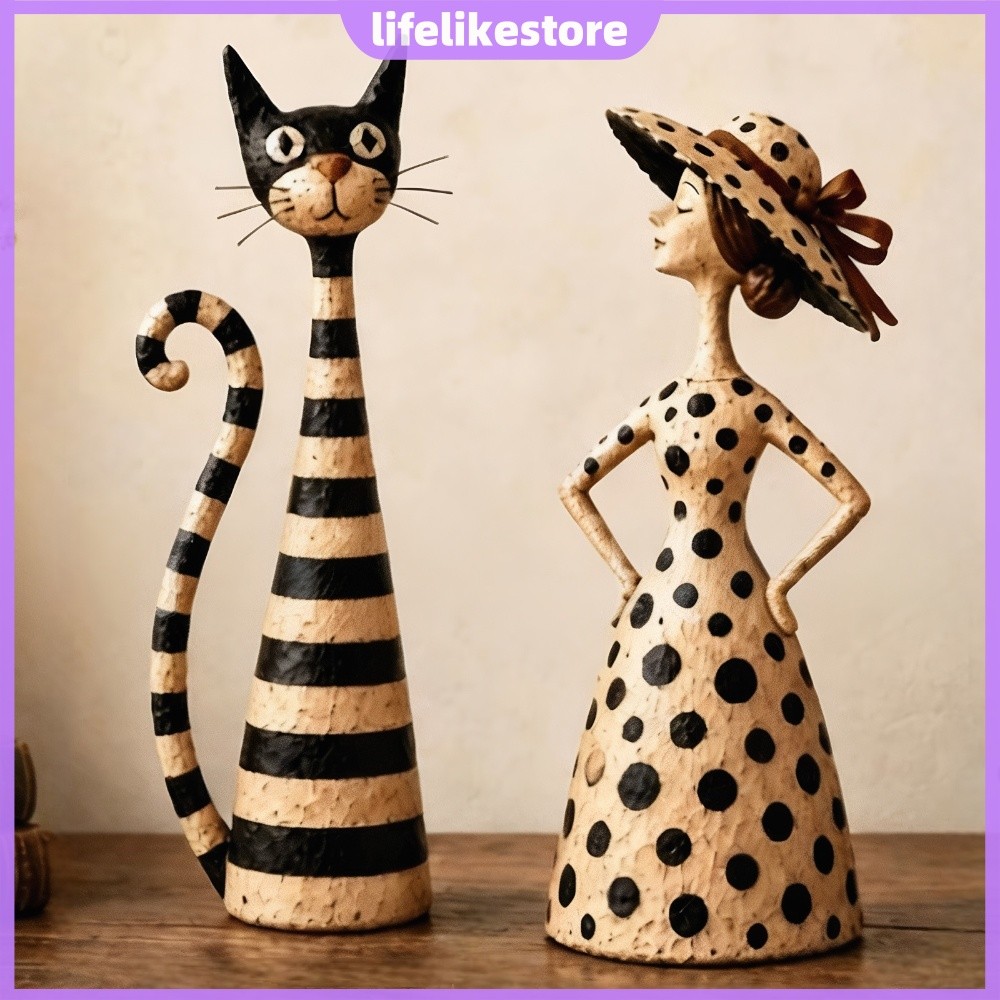 Conjunto De Escultura De Gato E Senhora Vintage De Resina Retrô Arte Popular [lifelikestore.br]