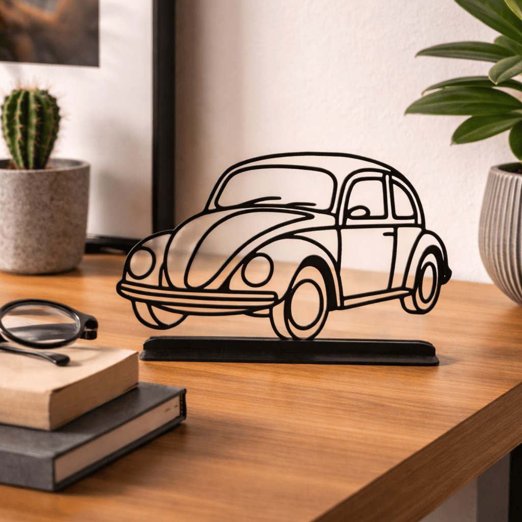 Placa Decorativa Fusca Retrô 13x20cm Preta Com Base | Decoração Vintage Carro Clássico