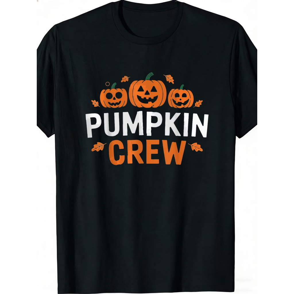 Camiseta Masculina estampa Pumpkin Crew com três abóboras jack e folhas de outono confortável divertida premium para fes