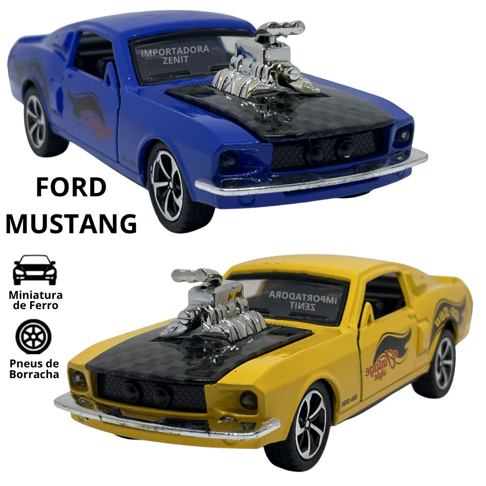 Ford Mustang Fastback V8 Muscle Car 1:36 Metal com Supercharger no Capô, Fricção, Portas Abertas e Pneus de Borracha
