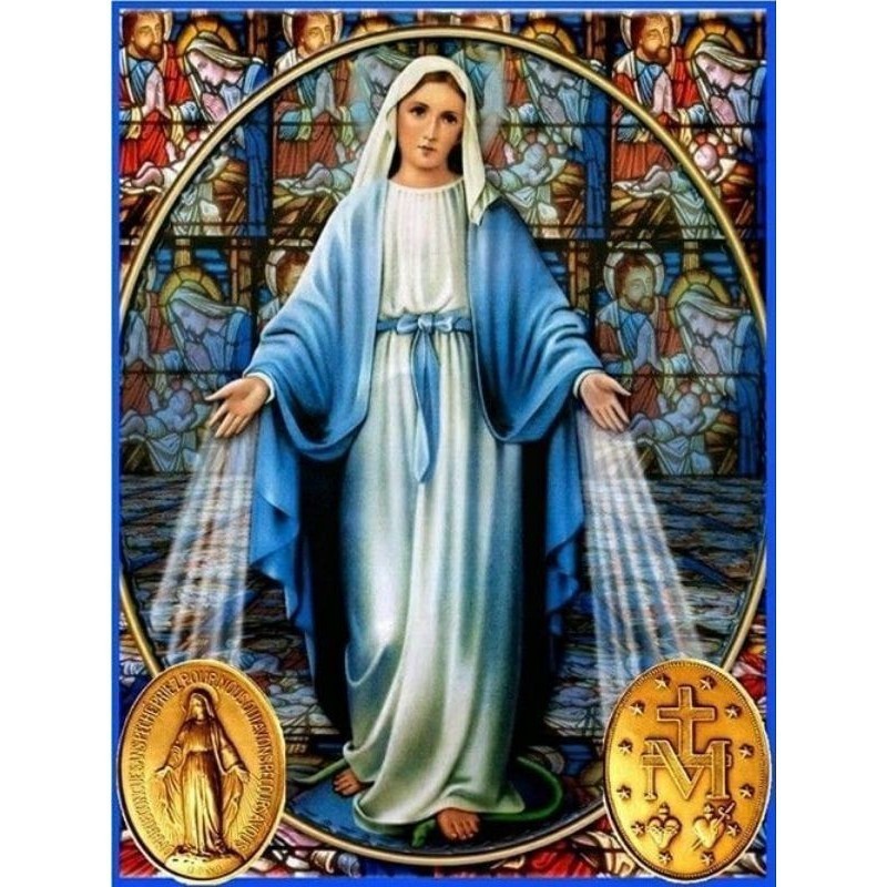 Nossa Senhora das Graças e As Duas Faces da Sua Medalha Milagrosa (nos cantos inferiores).