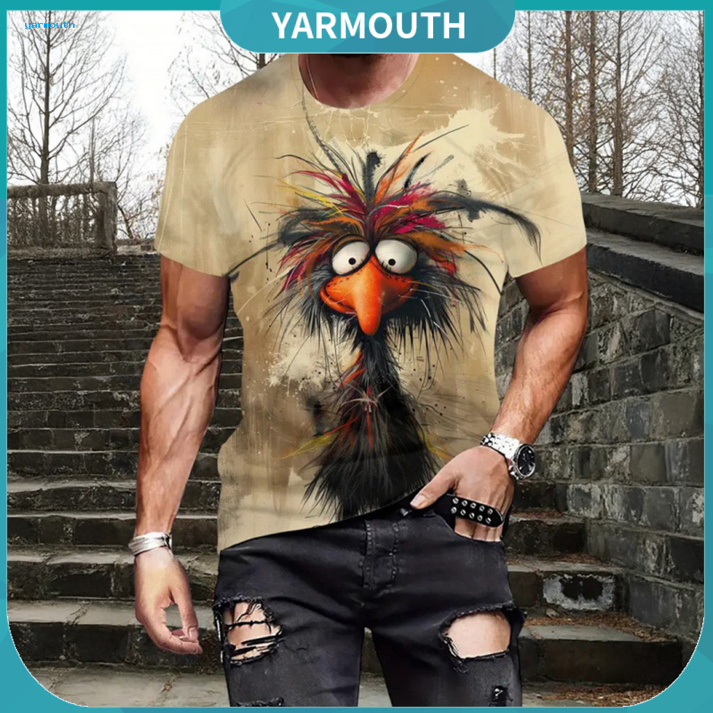 Men Summer Tee Shirt Loose Fit Pullover Men's Casual Cartoon Animal Print T-shirt Short Sleeve Round Neck for Daily Wear