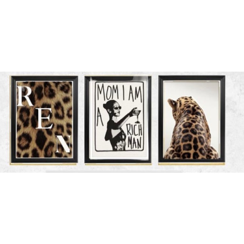 Quadros decorativos Onça Animal Print e Ilustração Vintage Mom I Am A Rich Man (3 peças)