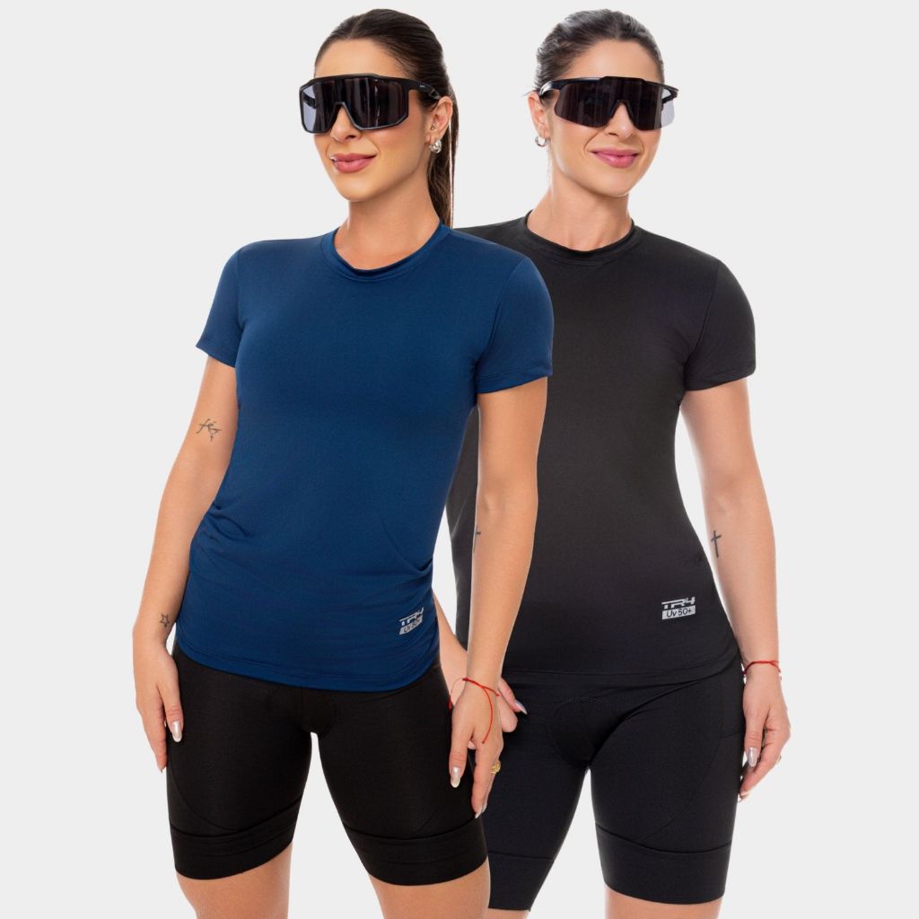 Kit 2 Camisa Camiseta Blusa Dry Fit Feminina Manga Curta Academia Esporte Corrida Proteção Uv Solar Preto Azul Marinho