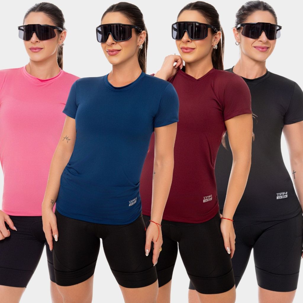 Combo 4 Camisa Camiseta Dry Fit Feminina Manga Curta Academia Treino Esporte Corrida Uv Preto Azul Marinho Vinho Rosa