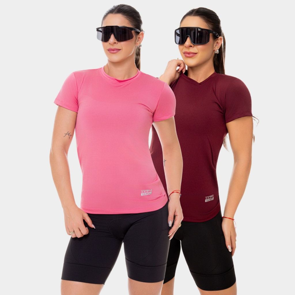 Combo 2 Camisa Camiseta Blusa Dry Fit Feminina Manga Curta Academia Treino Esportiva Corrida Proteção Uv Vinho Rosa