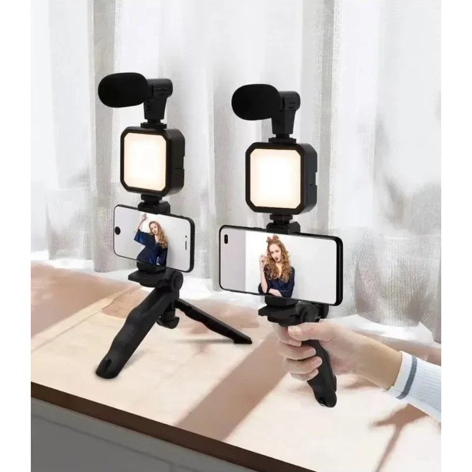 Smartphone Video Kit Microphone Bracket luminacao LED smartphone kit de vídeo microfone led selfie tripé alça de gravação suporte estabilizador portátil