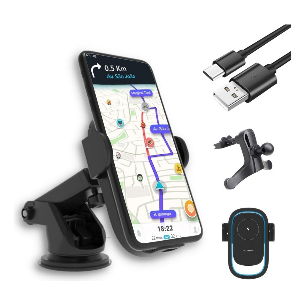 Suporte Veicular Carregador Sem Fio Celular Wireles Qi Carro Led Azul Iphone Samsung