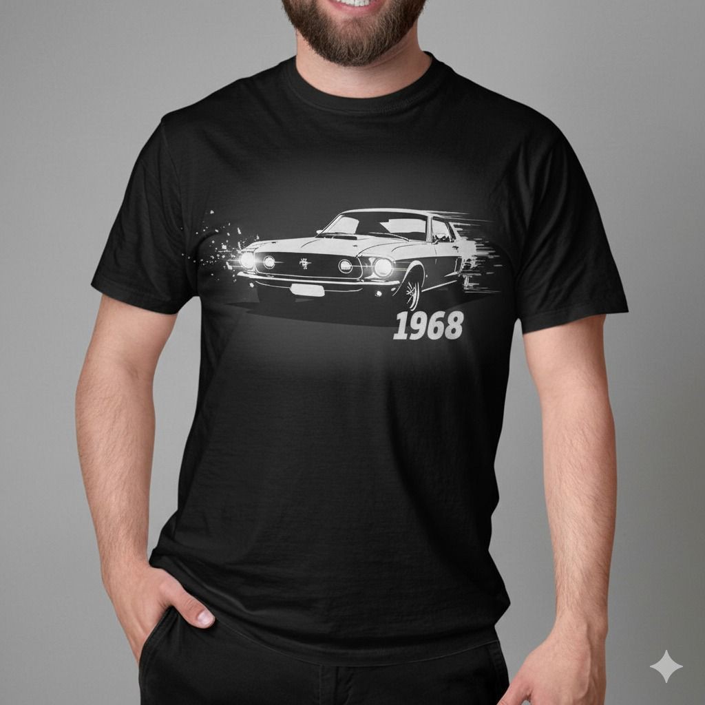 Camiseta Masculina, 100% Algodão Premium, Estampa   Ford Mustang Fastback Estilo Conforto.