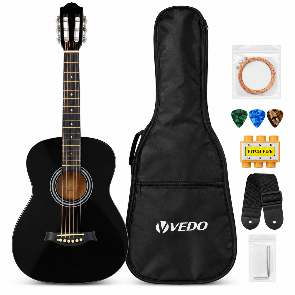 38 inch classical acoustic guitar complete beginner set with a basswood plywood body, an organza neck, open string knobs
