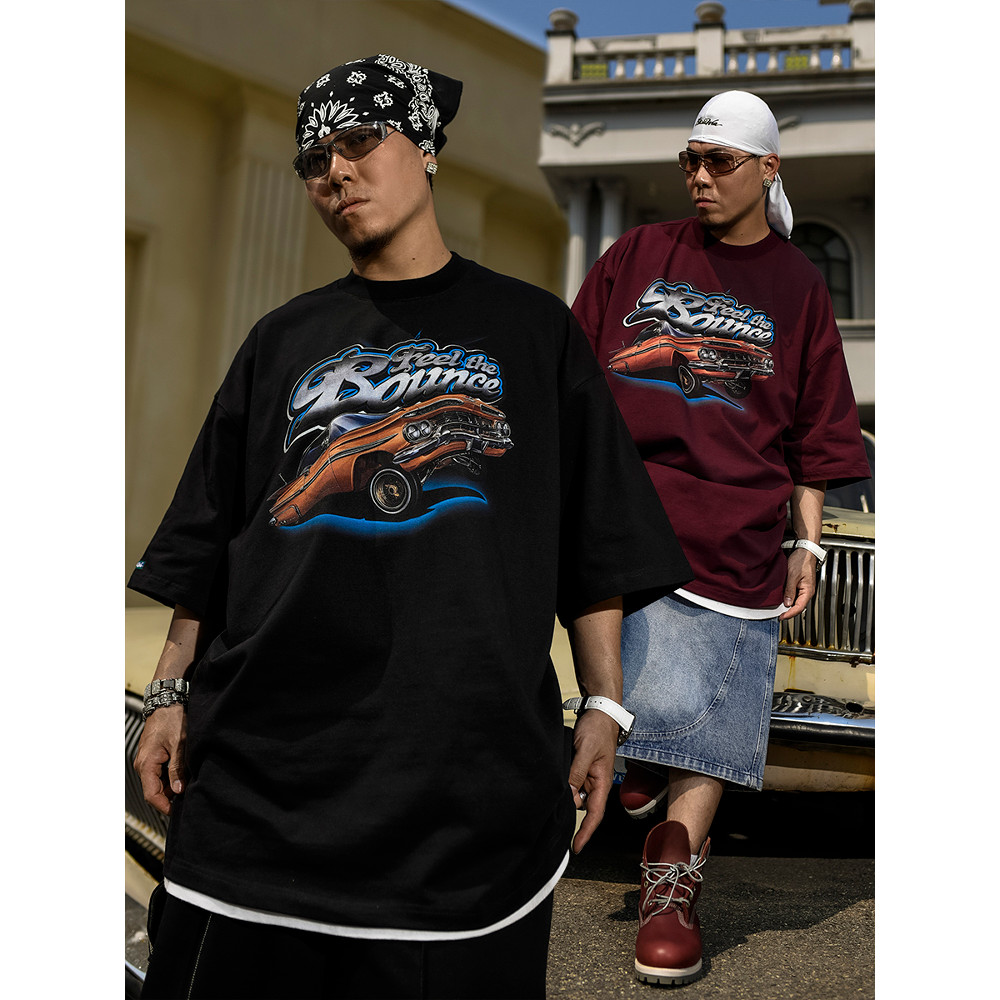 BLACUL West Coast LOWRIDER Jumping Car Print Camiseta de manga curta masculina Hip-Hop rua solta gordura grande meia man