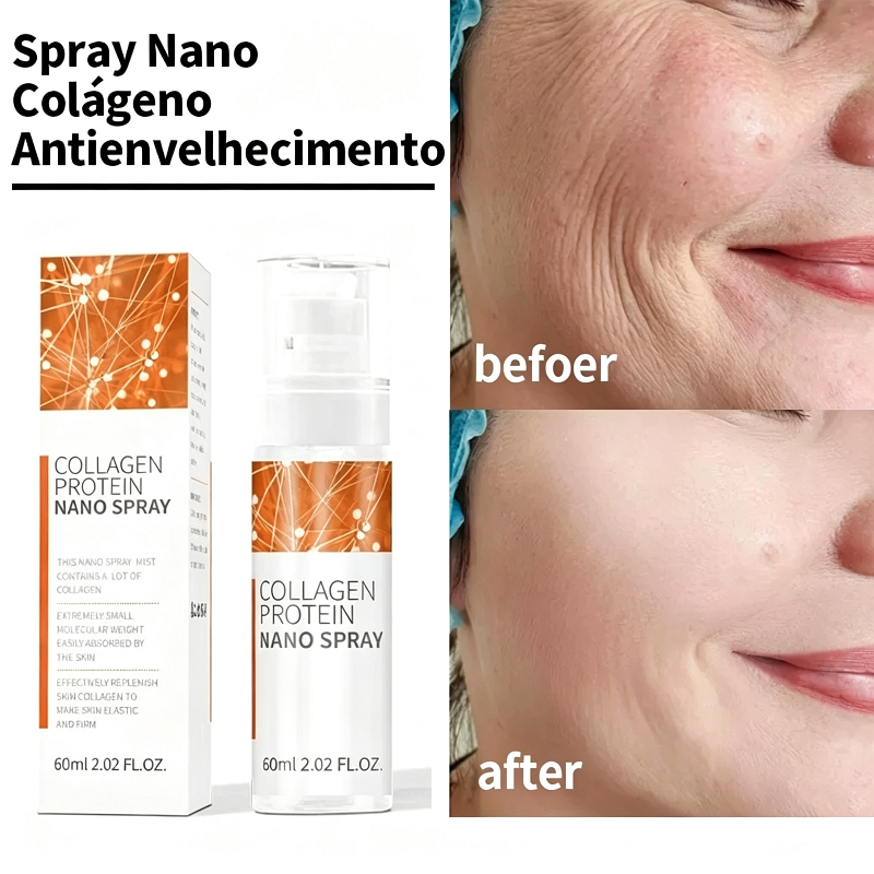 Spray Nano Colágeno Antienvelhecimento 60ml - Colágeno Hidrolisado - Anti-rugas - Iluminador - Firmeza - Absorção Rápida