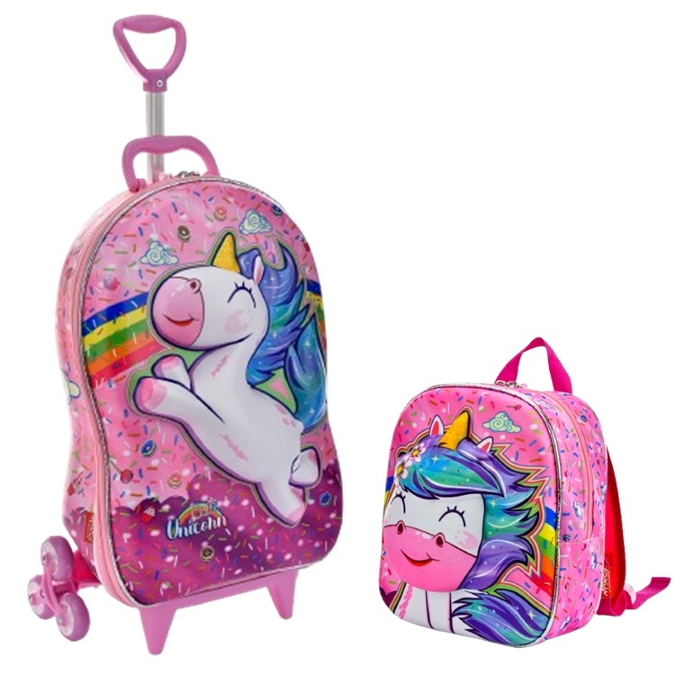 Kit Mochila Infantil com rodas e Lancheira Cute Unicorn Sweet 3D com Rodinhas Maxtoy
